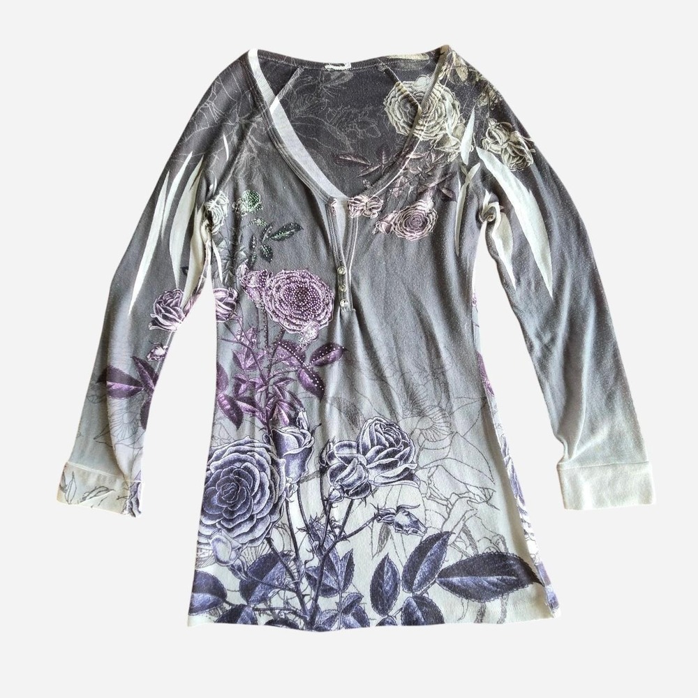 VTG y2k grunge alt graphic long sleeve tee / M/L / roses, thorns, edgy, thorns